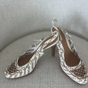 SERGIO ROSSI HEELS SLINGBACK SANDALS WHITE & BROWN SIZE 38.5